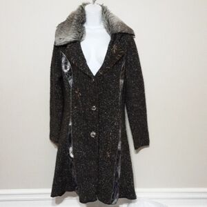 Tessori vintage cardigan women M long brown button faux fur lagenlook y2k wool